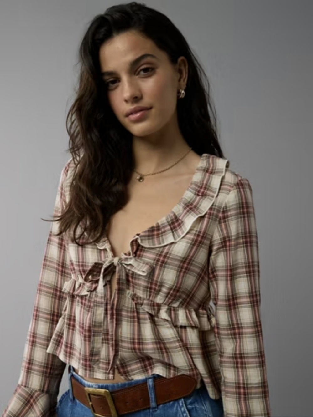 American Eagle Outfitters M Cream and Red Plaid Ruffle Tie-Front Cropped Top NWT